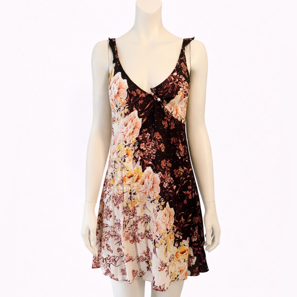 Free People Floral V-Neck Summer Slip Dress ruffles black flowy boho